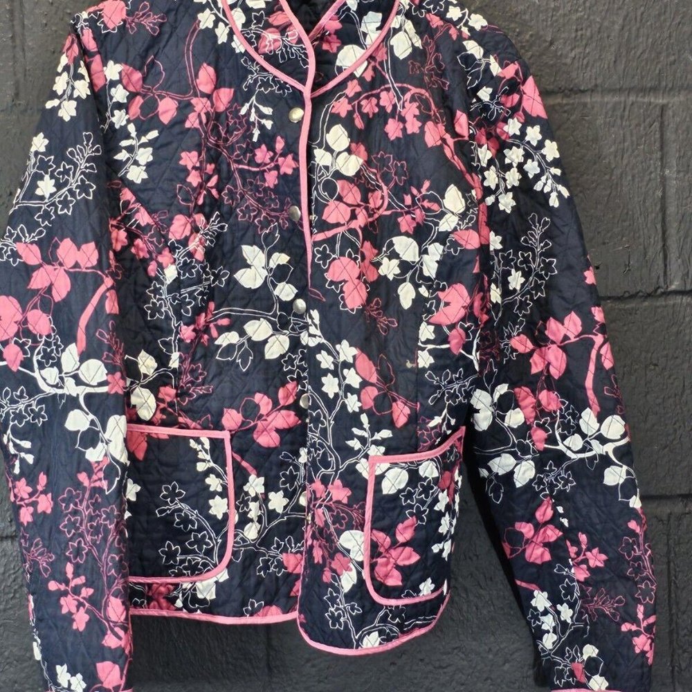 Kim Rogers WN SZ L Floral JACKET Quilt Hi Collar Silver Snaps Pocket Petite